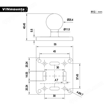 VINmounts®孔距37.5X30mm工业球头底座适配1”球头“B”尺寸